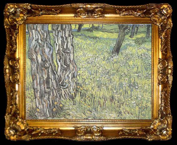 framed  Vincent Van Gogh Pine Trees and Dandelions in the Garden of Saint-Paul Hospital (nn04), ta009-2